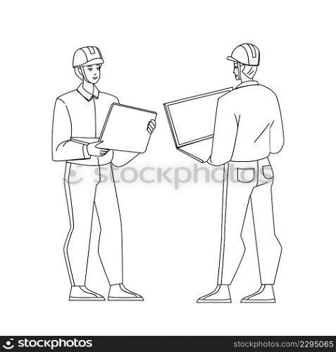 Maintenance Engineer Talk With Colleague Black Line Pencil Drawing Vector. Maintenance Engineer Holding Laptop And Checking With Employee Construction. Characters Workers Men Engineering Illustration. Maintenance Engineer Talk With Colleague Vector