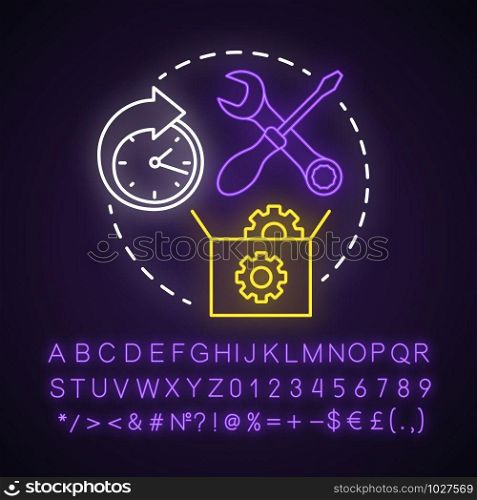 Maintenance neon light concept icon. Round-the-clock workshop. Equipment setup. Repairs. Support. Warranty service idea. Glowing sign with alphabet, numbers and symbols. Vector isolated illustration