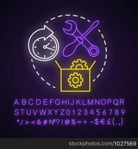 Maintenance neon light concept icon. Round-the-clock workshop. Equipment setup. Repairs. Support. Warranty service idea. Glowing sign with alphabet, numbers and symbols. Vector isolated illustration