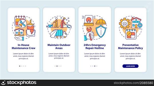 Maintenance, repairs and remodeling onboarding mobile app screen. Service walkthrough 4 steps graphic instructions pages with linear concepts. UI, UX, GUI template. Myriad Pro-Bold, Regular fonts used. Maintenance, repairs and remodeling onboarding mobile app screen
