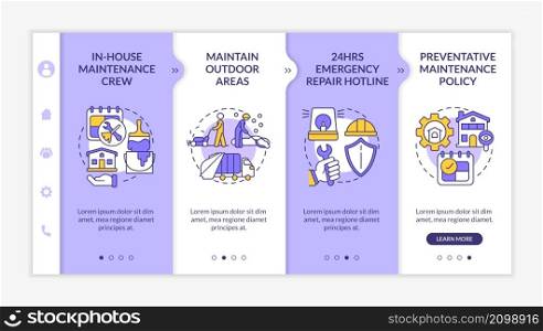 Maintenance, repairs and remodeling purple and white onboarding template. Responsive mobile website with linear concept icons. Web page walkthrough 4 step screens. Lato-Bold, Regular fonts used. Maintenance, repairs and remodeling purple and white onboarding template