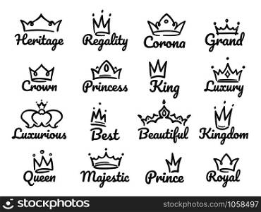 Majestic crown logo. Sketch prince and princess, hand drawn queen sign or king crowns graffiti sketch drawing. Tiara and jewel crown luxury logo vector illustration isolated icons set. Majestic crown logo. Sketch prince and princess, hand drawn queen sign or king crowns graffiti vector illustration set