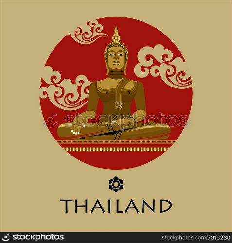 Majestic huge statue Of the Golden Buddha in Thailand. Thai ornament. Round emblem. Vector illustration in flat style.. Golden Buddha statue. Vector illustration.