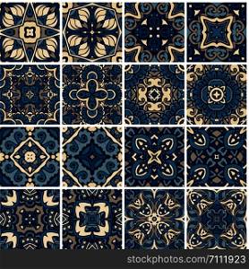 Majolica pottery tile, blue and white azulejo, set of original traditional Portuguese and Spain decor. Abstract background. Vector Seamless pattern illustration, typical portuguese tiles, Ceramic tiles.. Set of tiles, blue and white azulejo, original traditional Portuguese and Spain decor.
