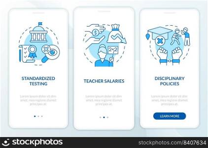 Major education issues blue onboarding mobile app screen. Walkthrough 3 steps editable graphic instructions with linear concepts. UI, UX, GUI template. Myriad Pro-Bold, Regular fonts used. Major education issues blue onboarding mobile app screen