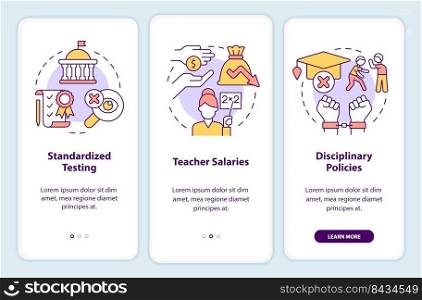 Major education issues onboarding mobile app screen. Walkthrough 3 steps editable graphic instructions with linear concepts. UI, UX, GUI template. Myriad Pro-Bold, Regular fonts used. Major education issues onboarding mobile app screen