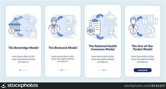 Major health care models light blue onboarding mobile app screen. Walkthrough 4 steps editable graphic instructions with linear concepts. UI, UX, GUI template. Myriad Pro-Bold, Regular fonts used. Major health care models light blue onboarding mobile app screen