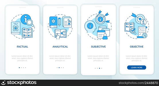 Major types of information blue onboarding mobile app screen. Walkthrough 4 steps graphic instructions pages with linear concepts. UI, UX, GUI template. Myriad Pro-Bold, Regular fonts used. Major types of information blue onboarding mobile app screen