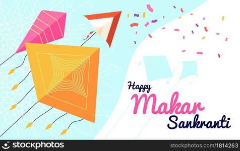 Makar sankranti banner. Festival promotional poster, happy celebration background with flying kites. Asian indian party utter vector flyer. Illustration india makar sankranti festival celebration. Makar sankranti banner. Festival promotional poster, happy celebration background with flying kites. Asian indian party utter vector flyer