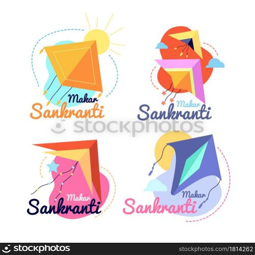 Makar sankranti festival. Promotion label, indian pongal fest banners with colorful flying kite. Party celebrating stickers utter vector set. Illustration ceremony prosperity, makar sankranti. Makar sankranti festival. Promotion label, indian pongal fest banners with colorful flying kite. Party celebrating stickers utter vector set