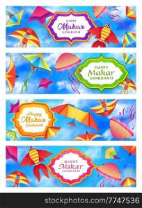 Makar Sankranti holiday vector banners with kites of Indian Hindu religion festival. Paper toys flying in blue sky, festive colorful kites in shape of bird and fish with threads, ribbons greeting card. Makar Sankranti holiday vector banners with kites