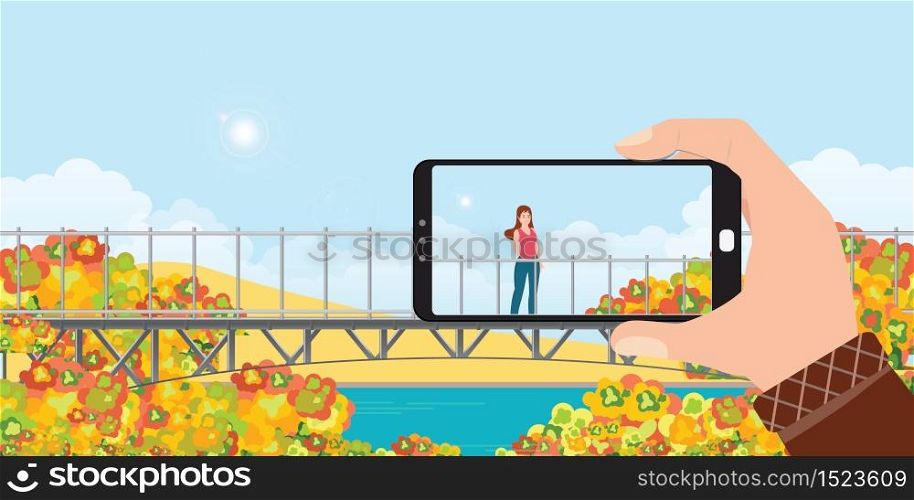 Make a photo of woman landscape by smartphone in autumn landscape mountains with colors of leaves.cartoon Vector illustration.