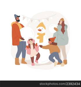 Make a snowman isolated cartoon vector illustration Winter holiday activity, family making a snow figure, children decorate a snowman, leisure time outdoors, roll a snowball vector cartoon.. Make a snowman isolated cartoon vector illustration