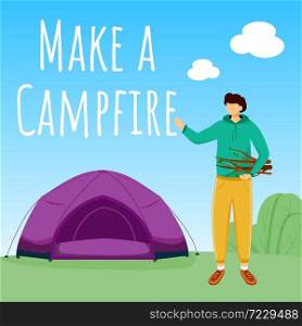 Make campfire social media post mockup. Camping in forest. Active vacation. Advertising web banner design template. Booster, content layout. Promotion poster, print ads with flat illustrations. Make campfire social media post mockup
