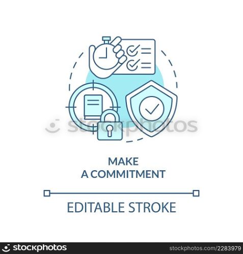 Make commitment turquoise concept icon. Motivation to study. Lifelong learning abstract idea thin line illustration. Isolated outline drawing. Editable stroke. Arial, Myriad Pro-Bold fonts used. Make commitment turquoise concept icon