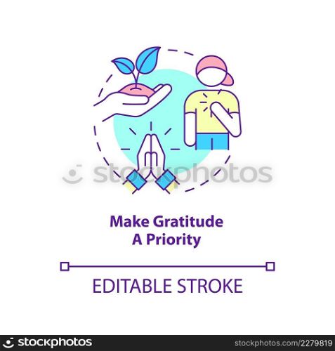 Make gratitude as priority concept icon. Developing resilience in children abstract idea thin line illustration. Isolated outline drawing. Editable stroke. Arial, Myriad Pro-Bold fonts used. Make gratitude as priority concept icon