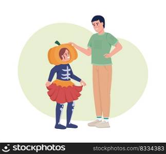 Make Halloween costume with dad 2D vector isolated illustration. Father with daughter choosing clothes flat characters on cartoon background. Colourful editable scene for mobile, website, presentation. Make Halloween costume with dad 2D vector isolated illustration
