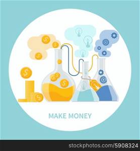 Make money concept. Business concept of alchemy experiment for generating money and ideas with laboratory equipments in flat design. Make money concept