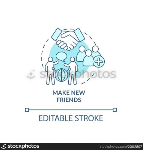 Make new friends blue concept icon. Adjust to living abroad abstract idea thin line illustration. Meet new people. Be sociable and club together. Vector isolated outline color drawing. Editable stroke. Make new friends blue concept icon