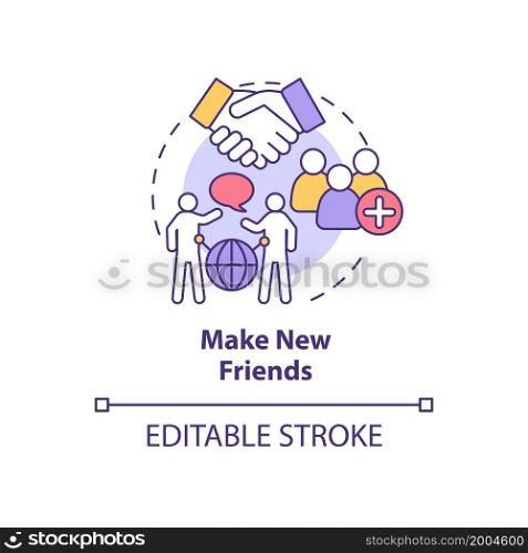 Make new friends concept icon. Adjust to living abroad abstract idea thin line illustration. Meet new people. Be sociable and club together. Vector isolated outline color drawing. Editable stroke. Make new friends concept icon
