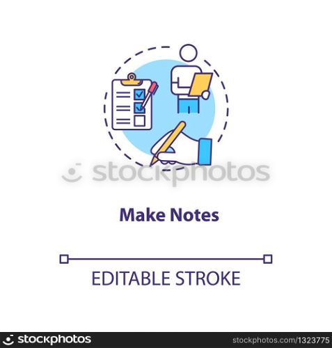 Make notes concept icon. Degustation event, winetasting tips, sommelier advice idea thin line illustration. Writing down preferred wines. Vector isolated outline RGB color drawing. Editable stroke