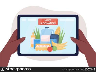 Make online donation 2D vector isolated illustration. Order food for social service. Grocery products. Flat tablet screen on cartoon background. Considering charity contribution colourful scene. Make online donation 2D vector isolated illustration