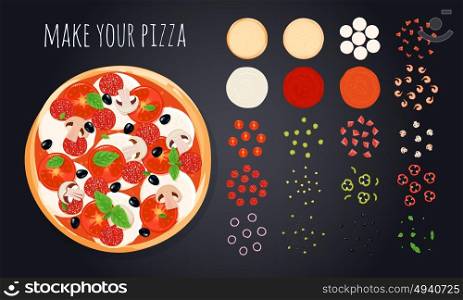 Make Pizza Ingredients Set. Pizza create decorative icons set with round pizza image and vegetable slices bunch of cooking ingredients vector illustration