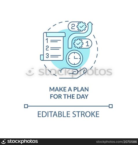 Make plan for day turquoise concept icon. Checking tasks in morning abstract idea thin line illustration. Isolated outline drawing. Editable stroke. Roboto-Medium, Myriad Pro-Bold fonts used. Make plan for day turquoise concept icon