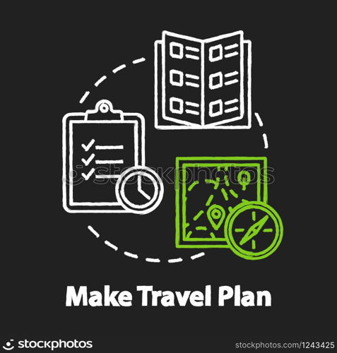 Make travel plan chalk RGB color concept icon. Organized tour, vacation organization idea. Unexpected expenses prevention. Vector isolated chalkboard illustration on black background