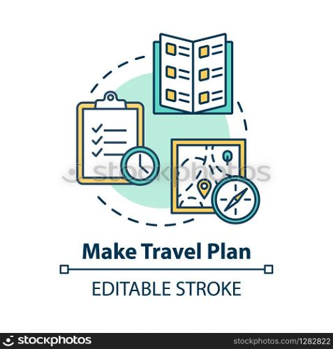 Make travel plan concept icon. Organized tour, vacation organization idea thin line illustration. Unexpected expenses prevention. Vector isolated outline RGB color drawing. Editable stroke