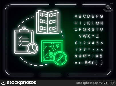 Make travel plan neon light concept icon. Budget tourism, holiday vacation organization idea. Outer glowing sign with alphabet, numbers and symbols. Vector isolated RGB color illustration