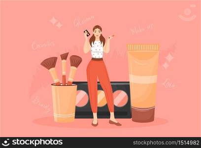 Make up artist flat concept vector illustration. Woman with eyeshadow palette and brushes 2D cartoon character for web design. Makeup tutorial, cosmetics products store creative idea