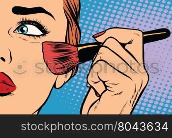 Make-up, woman brush causes the tone to the face, pop art retro vector. The beauty of the face