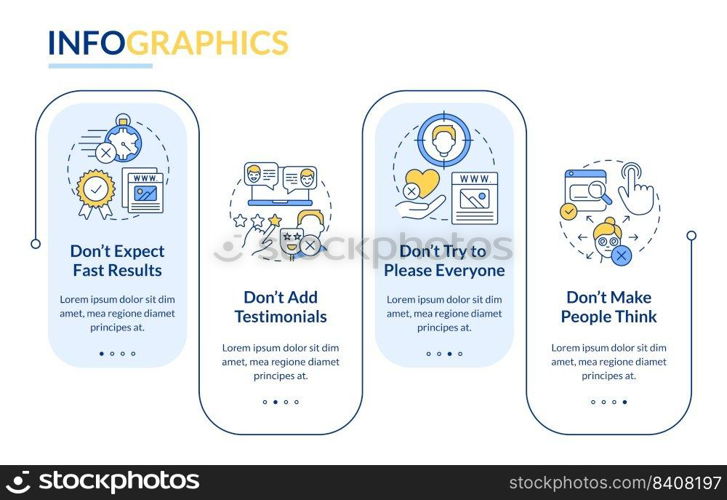 Make website donts rectangle infographic template. Dont make people think. Data visualization with 4 steps. Editable timeline info chart. Workflow layout with line icons. Lato-Bold, Regular fonts used. Make website donts rectangle infographic template