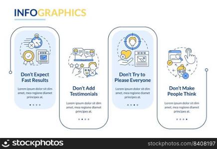Make website donts rectangle infographic template. Dont make people think. Data visualization with 4 steps. Editable timeline info chart. Workflow layout with line icons. Lato-Bold, Regular fonts used. Make website donts rectangle infographic template