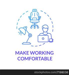 Make working comfortable blue concept icon. Workplace at home. Freelancer workspace. Desk for laptop. Quarantine idea thin line illustration. Vector isolated outline RGB color drawing