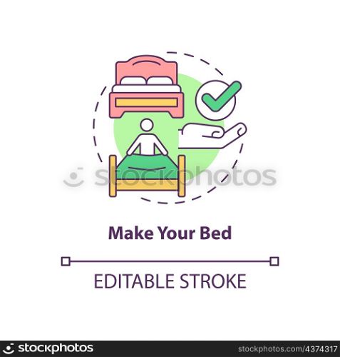Make your bed concept icon. Housekeeping and morning routine abstract idea thin line illustration. Isolated outline drawing. Editable stroke. Roboto-Medium, Myriad Pro-Bold fonts used. Make your bed concept icon