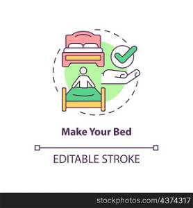 Make your bed concept icon. Housekeeping and morning routine abstract idea thin line illustration. Isolated outline drawing. Editable stroke. Roboto-Medium, Myriad Pro-Bold fonts used. Make your bed concept icon