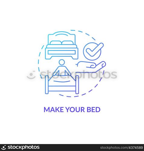 Make your bed purple gradient concept icon. Housework and daily morning routine abstract idea thin line illustration. Isolated outline drawing. Roboto-Medium, Myriad Pro-Bold fonts used. Make your bed purple gradient concept icon