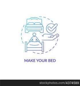 Make your bed purple gradient concept icon. Housework and daily morning routine abstract idea thin line illustration. Isolated outline drawing. Roboto-Medium, Myriad Pro-Bold fonts used. Make your bed purple gradient concept icon