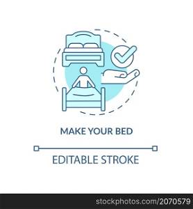 Make your bed turquoise concept icon. Chores and morning routine abstract idea thin line illustration. Isolated outline drawing. Editable stroke. Roboto-Medium, Myriad Pro-Bold fonts used. Make your bed turquoise concept icon