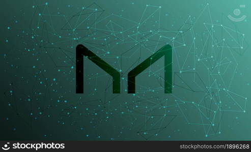 Maker MKR token symbol of the DeFi project cryptocurrency theme on a blue polygonal background. Cryptocurrency logo icon. Decentralized finance programs. Vector EPS10.