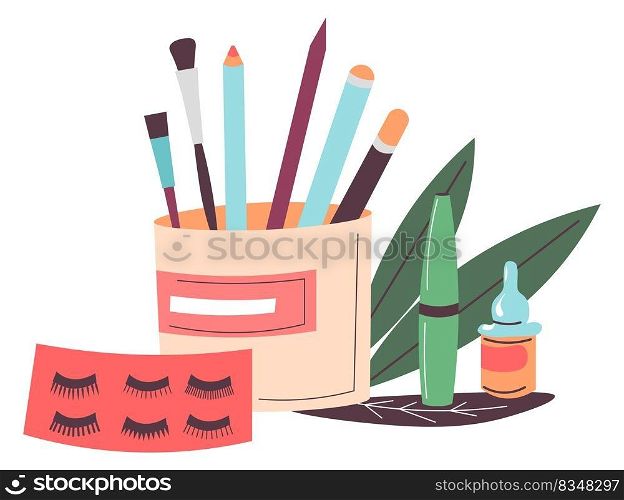 Makeup and beauty accessories, eyelashes extension and beauty salon procedures. Fake lashes and brushes, foliage and natural essence and oils for finishing effect. Vector in flat style illustration. Eyelashes extension and beauty accessories makeup