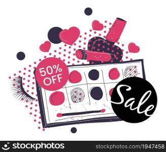 Makeup and decorative cosmetics reduction of price, banner with sale and discounts. Shades palette with brush for eyes, nail polish in bottle. 50 percent off cost in shop. Vector in flat style. Decorative cosmetic sale and discounts on makeup