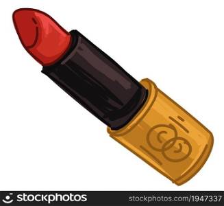 Makeup and fashion, women cosmetics for beauty. Isolated red lipstick, stylish and fashionable product for girls and ladies. Visage and facial beautician modern cosmetology. Vector in flat style. Red lipstick, fashion and makeup for lips vector