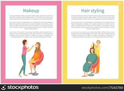 Makeup and hair styling posters set with text. Spa salon visagiste and hairdresser vector. Woman making new hairstyle, wavy locks, face beautification. Makeup and Hair Styling Posters Set Text Spa Salon