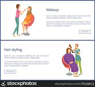 Makeup and visage hair styling, set of posters with text sample vector. Working people, visagiste and stylist professional specialists with clients. Makeup and Visage Hair Styling Posters Set Vector