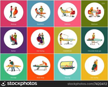 Makeup and visagiste depilation icons set vector. Pedicure nail treatment and hair styling, barber for man hairstyle. Massage and body wrap depilation. Makeup and Visagiste Depilation Icons Set Vector