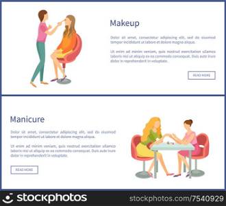 Makeup and visagiste working with clients face using brush. Posters set with text sample and web buttons. Manicure manicurist polishing nails vector. Makeup and Visagiste Working Posters Set Vector
