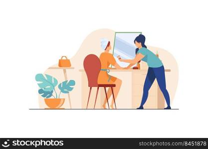 Makeup artist working on woman. Assistant giving brush, mirror, cosmetic, dressing table flat vector illustration. Beauty care, glamour concept for banner, website design or landing web page